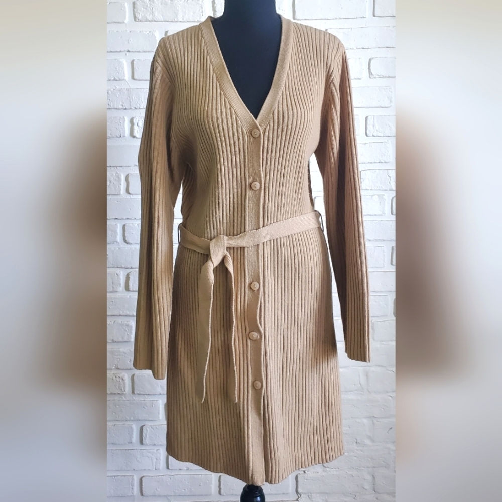 Jessica Sport Long Knit Cardigan Duster Sweater w/ Belt Tan Camel Beige Medium